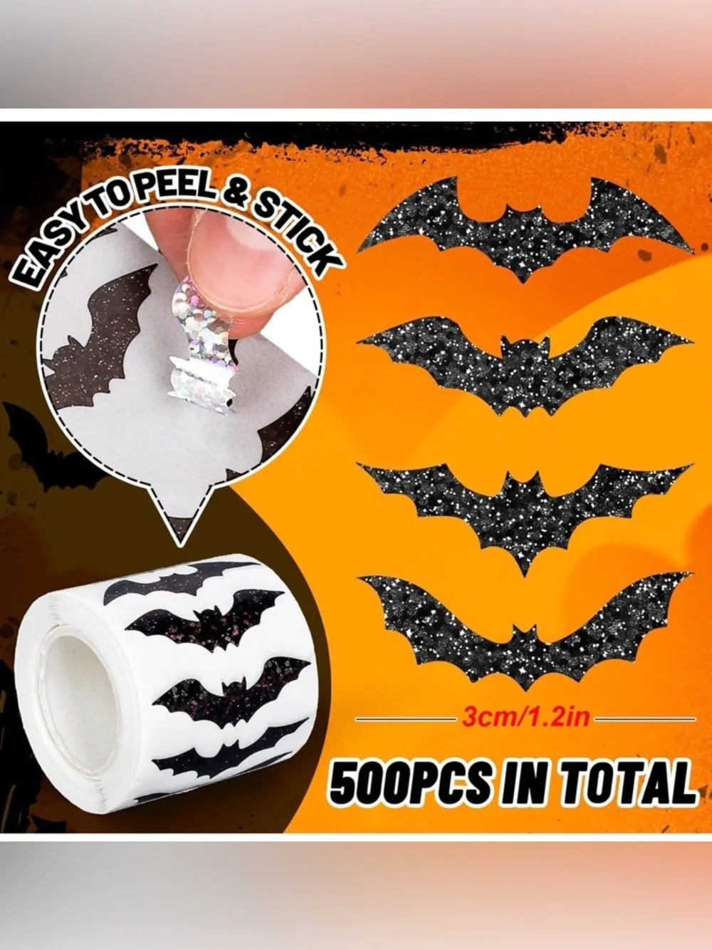 🦇 500 Glitter Bat Stickers Roll | Halloween Seals | Party Favor & Gift Wrap